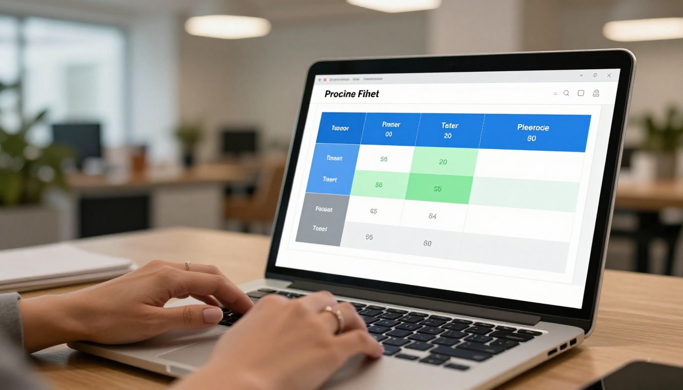 Laptop screen showing a pricing comparison table in a bright modern office