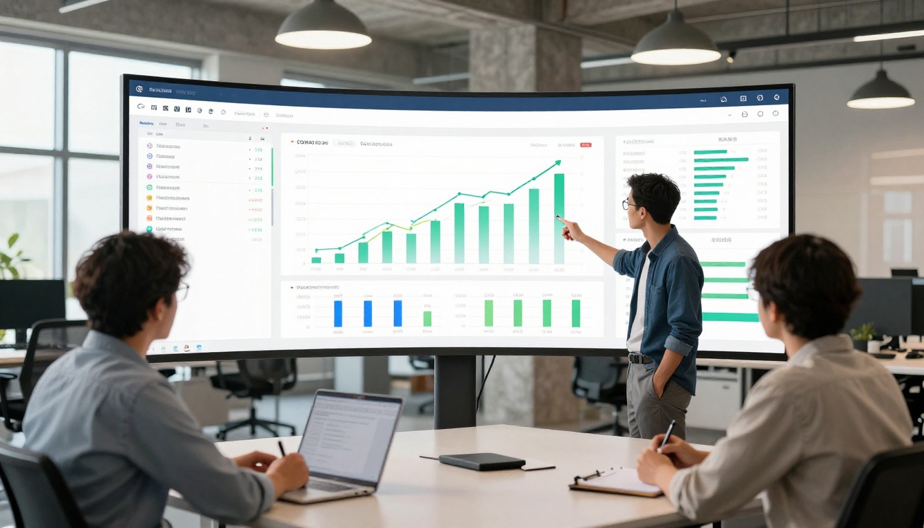 Marketing team reviewing analytics dashboard with charts and engagement metrics