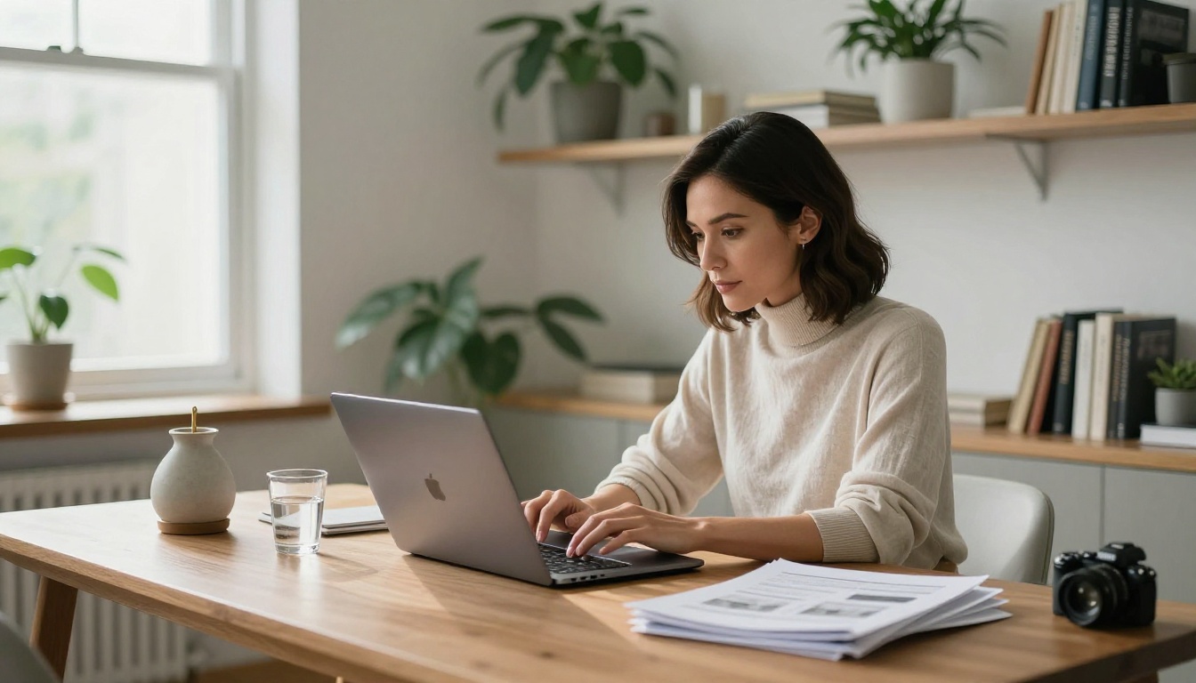 Real estate agent woman seated at a wooden desk uploading property documents on a MacBook Pro in a bright minimalist home office