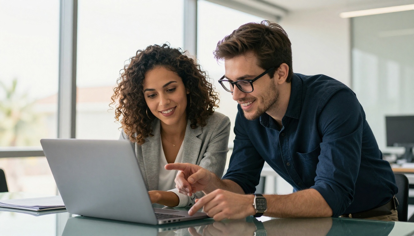 Two professionals collaborating over a laptop showing a digital brochure layout