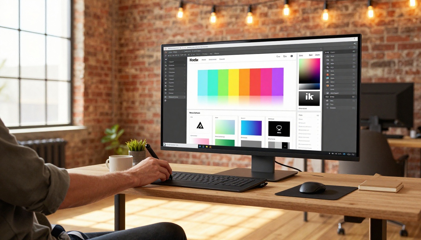 Graphic designer customizing digital flipbook branding on large monitor in creative studio