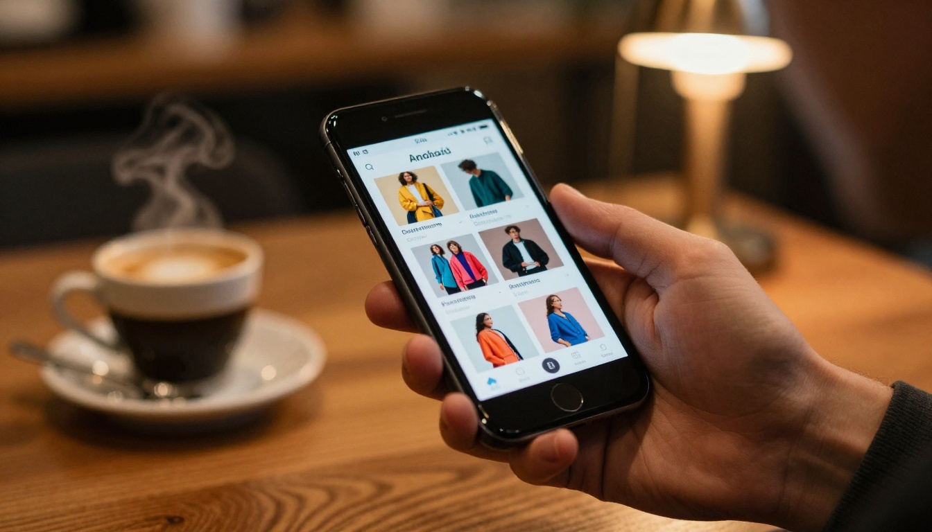 Man holding black smartphone in a coffee shop showing a digital product catalog flipbook