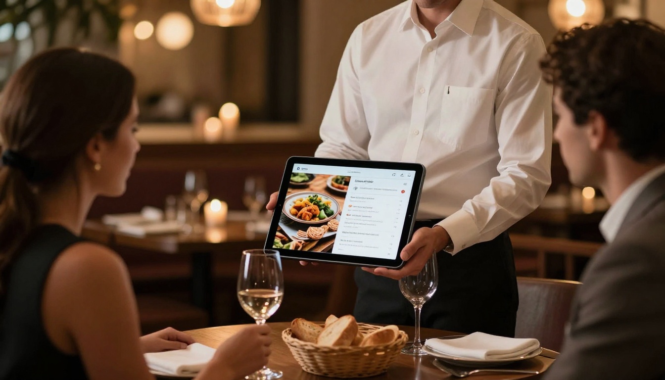 Waiter presenting digital menu tablet to couple at candlelit restaurant table