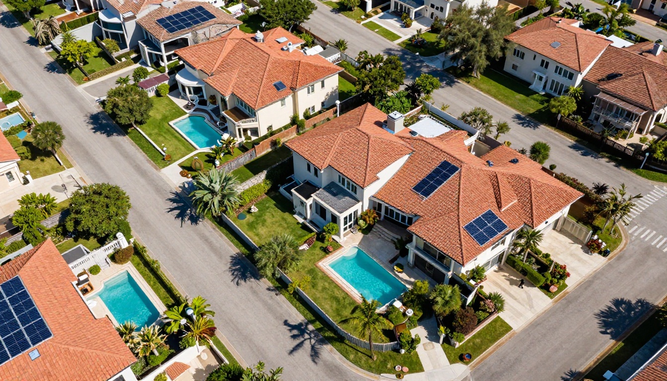 Aerial top-down drone view of a luxury residential neighborhood with private swimming pools, turquoise water, manicured gardens, and tree-lined streets