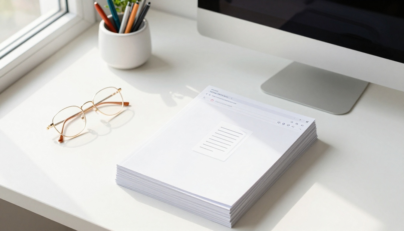 Minimalist desk with PDF documents, laptop showing upload interface, and reading glasses