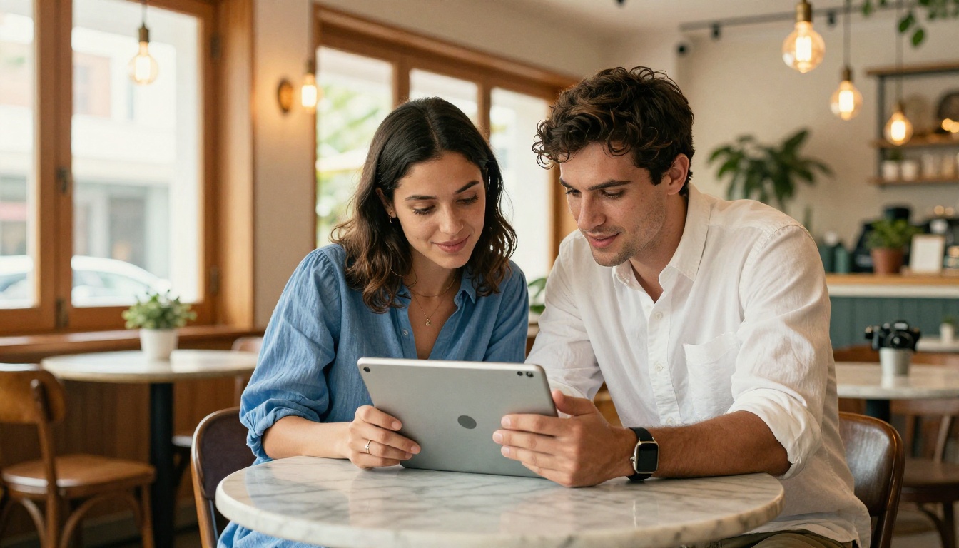 Young attractive couple in their early thirties reviewing property listings together on a tablet at a bright warm cafe with pendant lights and plants