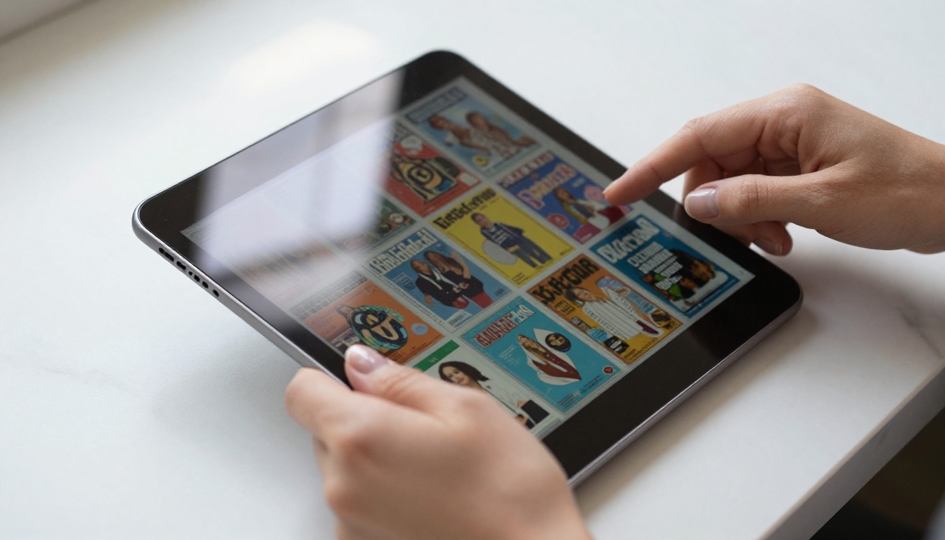 Woman's hands holding tablet displaying a digital flipbook with page-turn animation on a marble surface Woman's hands holding tablet displaying a digital flipbook with page-turn animation on a marble surface