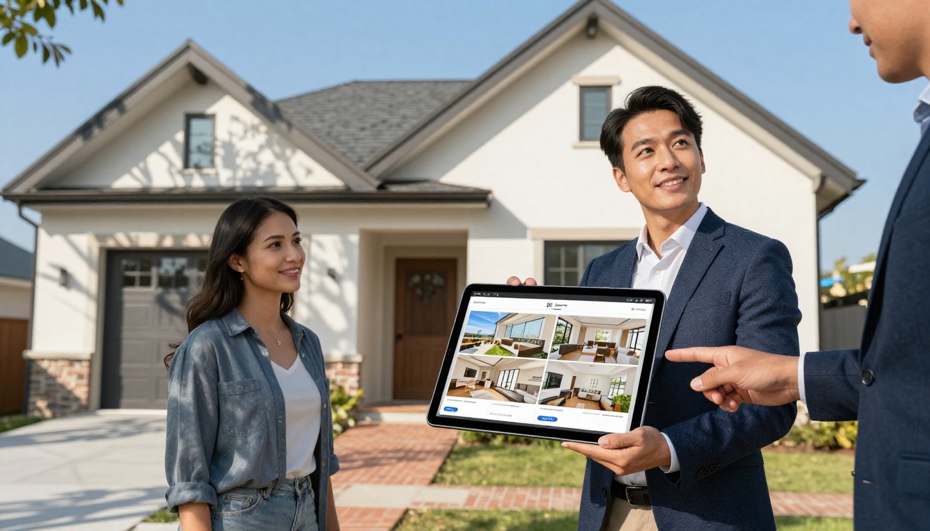 Real estate agent showing interactive property brochure on tablet to couple outside modern house