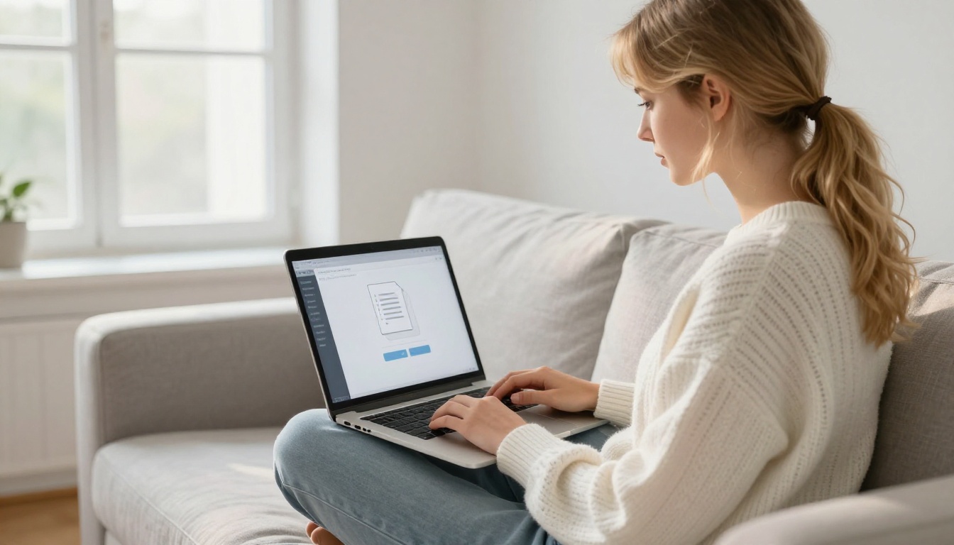Young woman uploading PDF on laptop while sitting cross-legged on a grey linen sofa