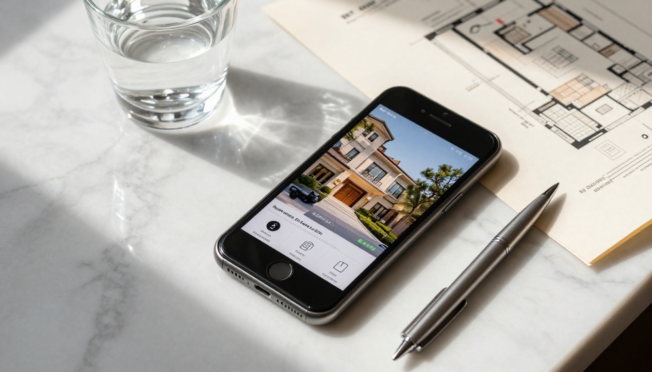 Close-up low-angle shot of a modern smartphone on a polished white marble surface showing a digital real estate flipbook, beside a silver pen and folded architectural floor plan