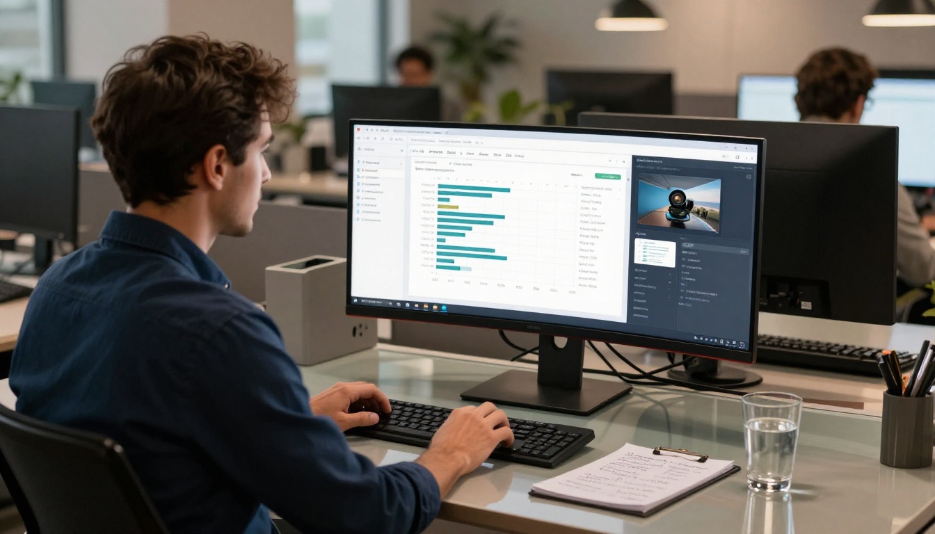 Marketing professional reviewing flipbook analytics and page view statistics on a large curved monitor in a modern open-plan office Marketing professional reviewing flipbook analytics and page view statistics on a large curved monitor in a modern open-plan office