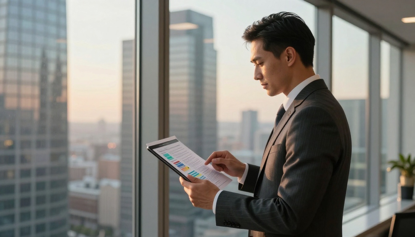 Business executive comparing printed PDF and vivid interactive flipbook tablet at high-rise office window