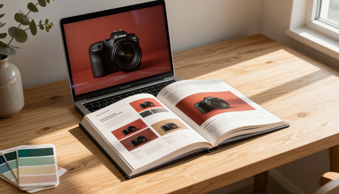 Colorful product catalog displayed as an open digital flipbook on a MacBook Pro screen on a warm oak desk with eucalyptus branch Colorful product catalog displayed as an open digital flipbook on a MacBook Pro screen on a warm oak desk with eucalyptus branch