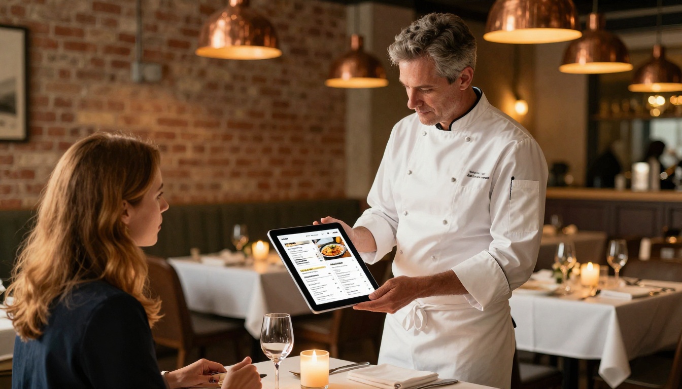 Restaurant manager in a warm upscale dining room showing a digital menu flipbook on an iPad to a seated female customer with auburn hair Restaurant manager in a warm upscale dining room showing a digital menu flipbook on an iPad to a seated female customer with auburn hair