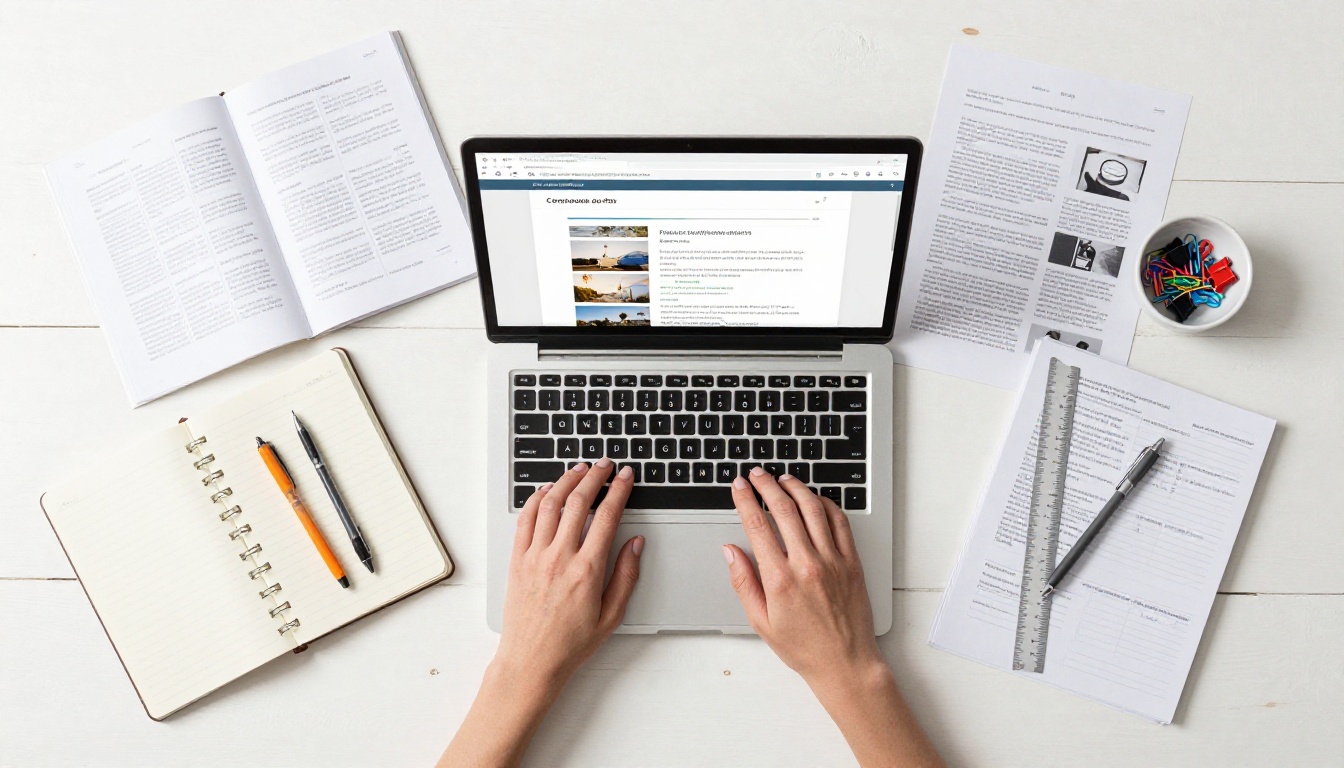 Aerial flat-lay of a birch wood desk with a laptop showing a PDF-to-flipbook conversion interface, printed PDF documents, and notebook with handwritten notes Aerial flat-lay of a birch wood desk with a laptop showing a PDF-to-flipbook conversion interface, printed PDF documents, and notebook with handwritten notes