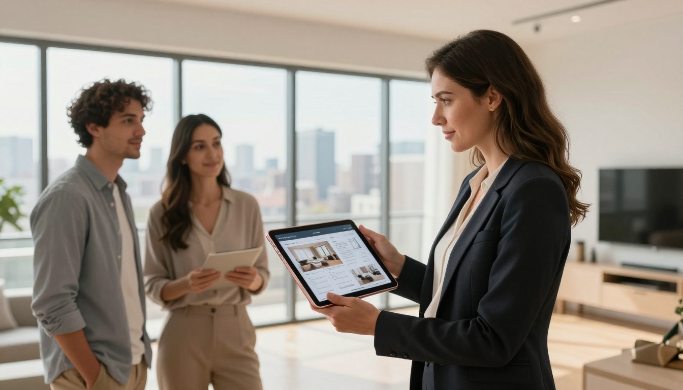 Confident female real estate agent holding a rose-gold iPad showing a digital property brochure flipbook to a young couple in a bright modern showroom apartment Confident female real estate agent holding a rose-gold iPad showing a digital property brochure flipbook to a young couple in a bright modern showroom apartment