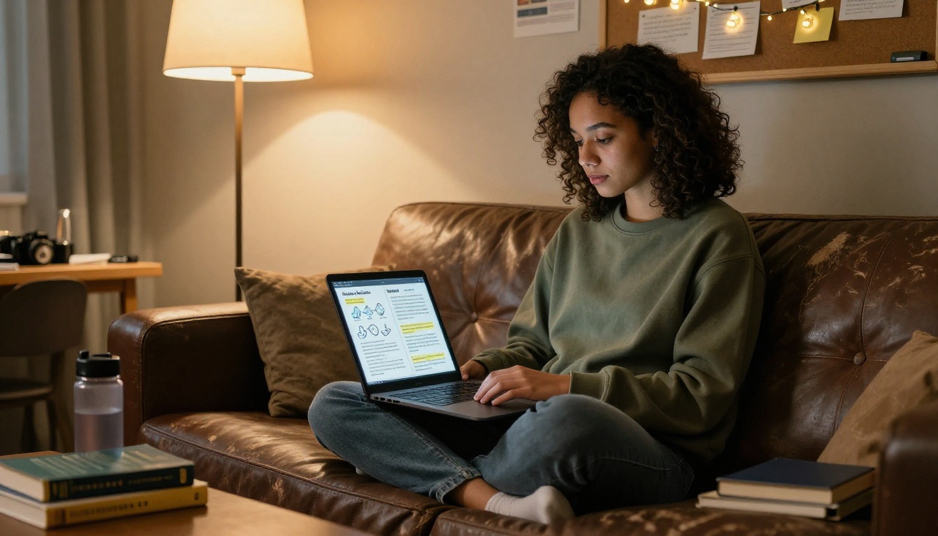 University student in an olive-green sweatshirt sitting cross-legged on a worn leather couch, laptop on knees showing an interactive e-book flipbook, warm lamp light from the right University student in an olive-green sweatshirt sitting cross-legged on a worn leather couch, laptop on knees showing an interactive e-book flipbook, warm lamp light from the right
