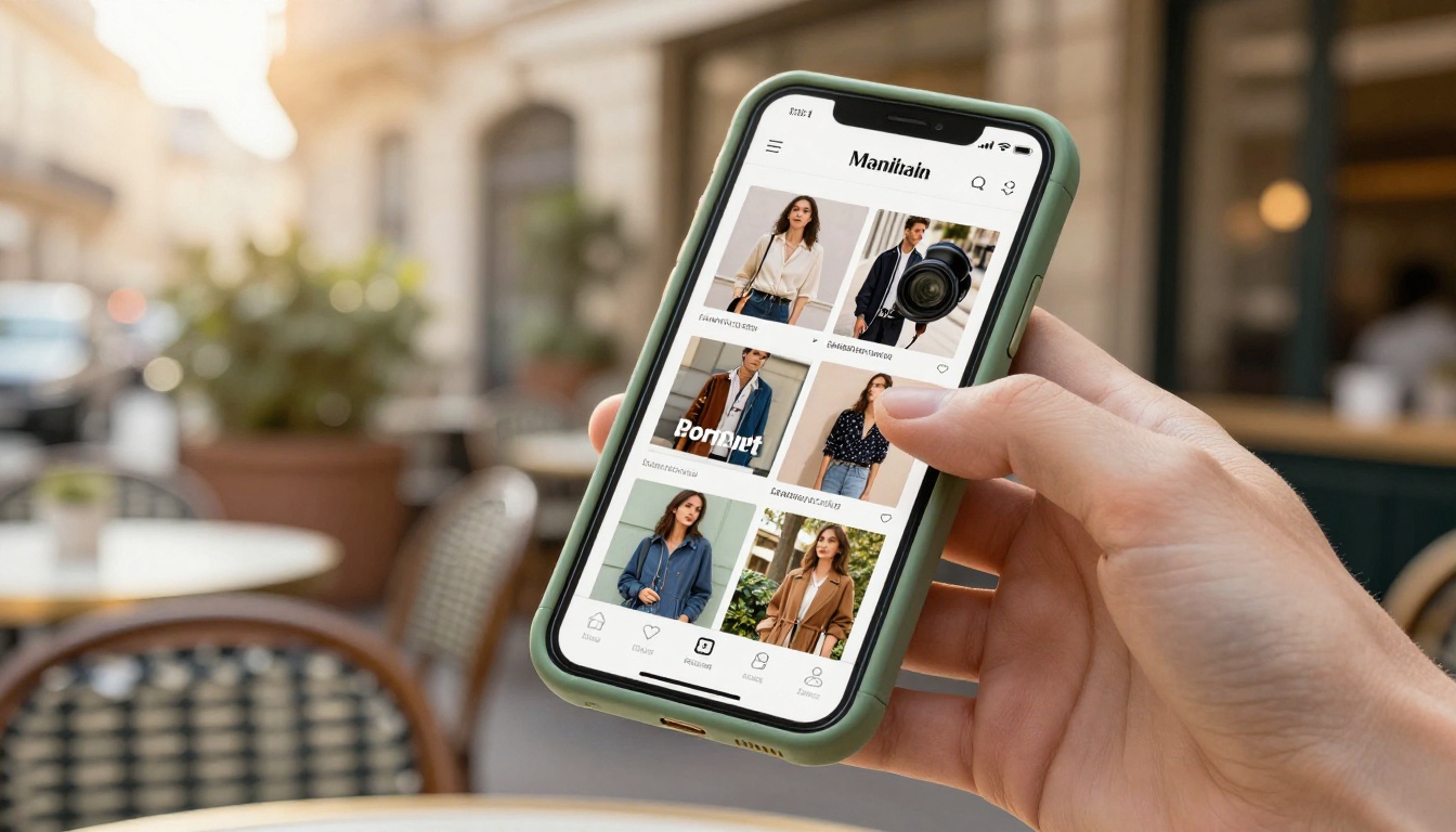 Close-up of a smartphone in a sage green case held against a blurred Parisian cafe exterior, screen showing a fashion lookbook flipbook with vivid page-turn animation in morning light Close-up of a smartphone in a sage green case held against a blurred Parisian cafe exterior, screen showing a fashion lookbook flipbook with vivid page-turn animation in morning light