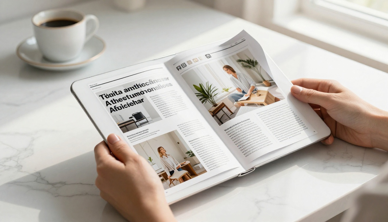 Digital magazine flipbook displayed on a tablet with a marble countertop and coffee in the background Digital magazine flipbook displayed on a tablet with a marble countertop and coffee in the background