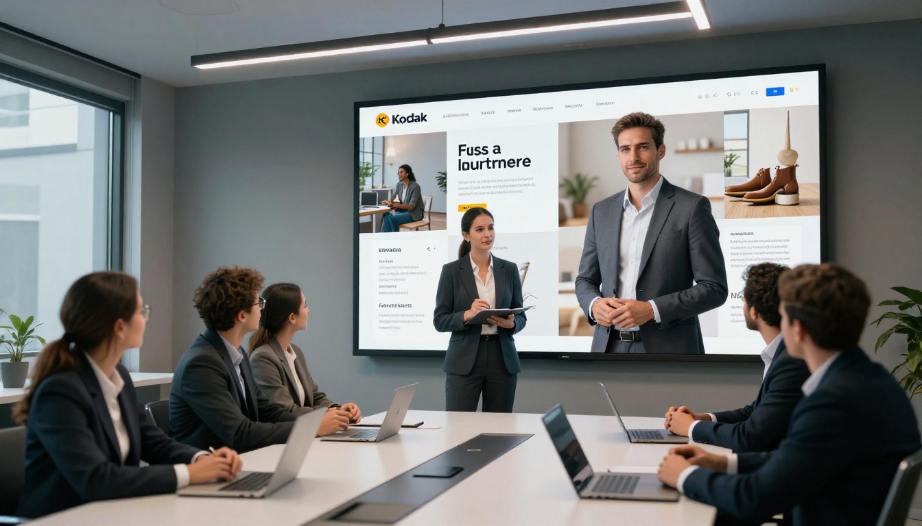 Business professional presenting a branded digital product catalog on a conference room screen Business professional presenting a branded digital product catalog on a conference room screen