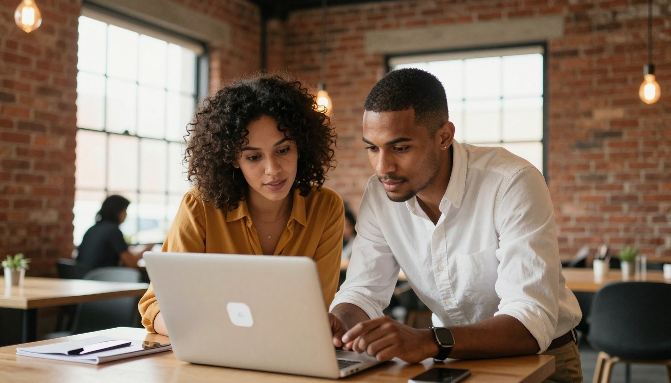 Two professionals reviewing a shared digital publication together in a warm co-working space Two professionals reviewing a shared digital publication together in a warm co-working space