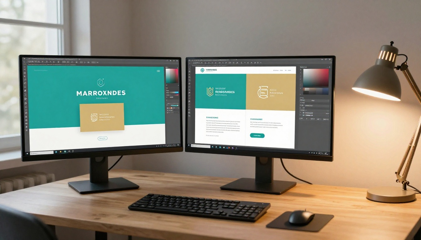 Graphic designer's dual-monitor workspace showing brand color palettes and a branded digital brochure flipbook Graphic designer's dual-monitor workspace showing brand color palettes and a branded digital brochure flipbook