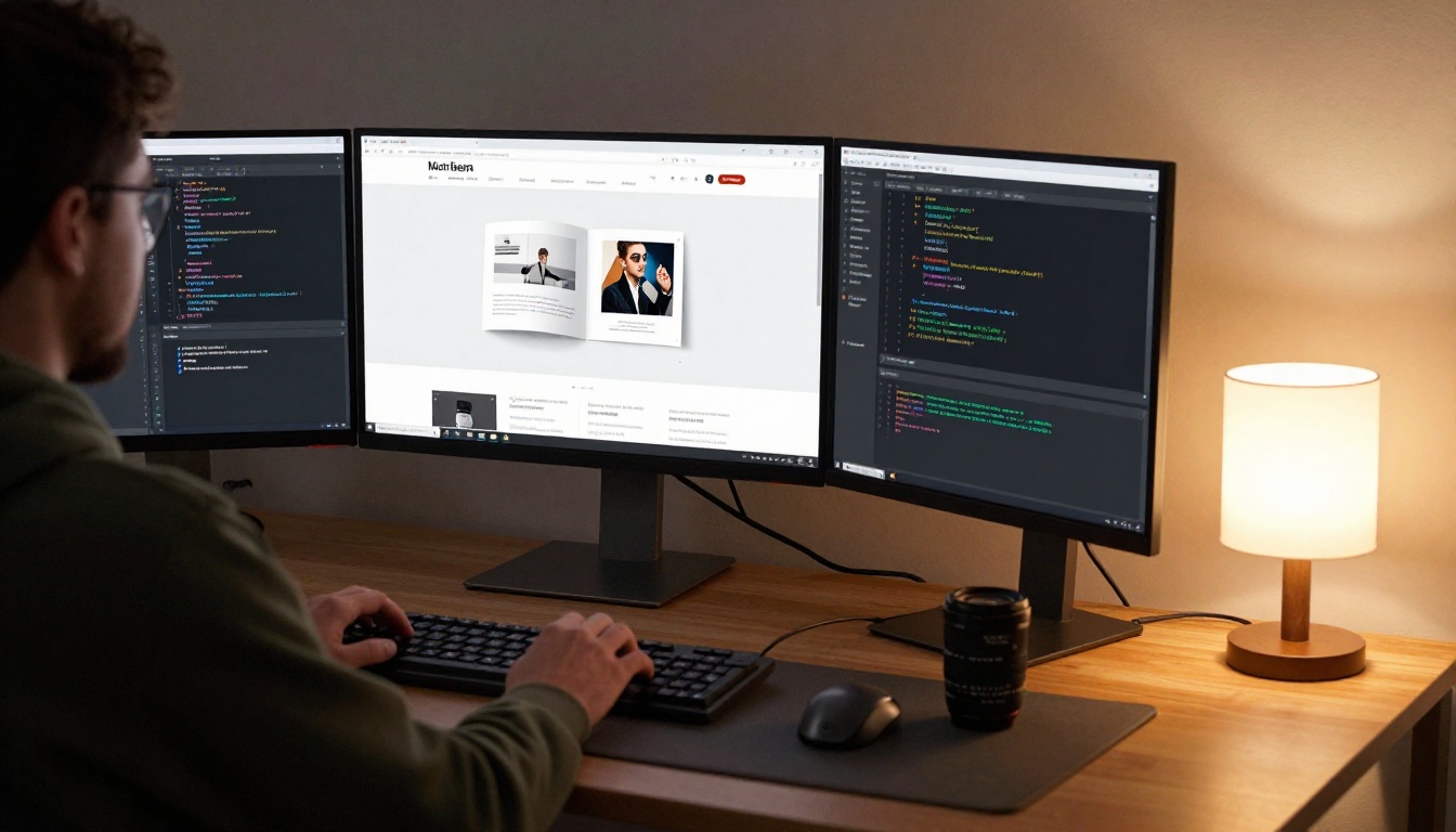 Web developer embedding an interactive flipbook into a website with a dual-monitor setup showing HTML code Web developer embedding an interactive flipbook into a website with a dual-monitor setup showing HTML code