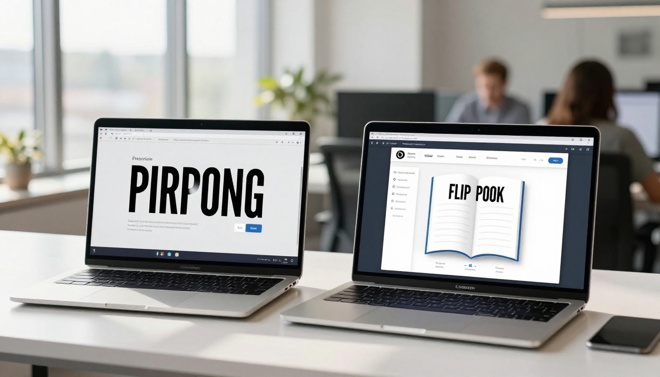 Two laptop screens comparing expensive software pricing vs free flipbook tool interface