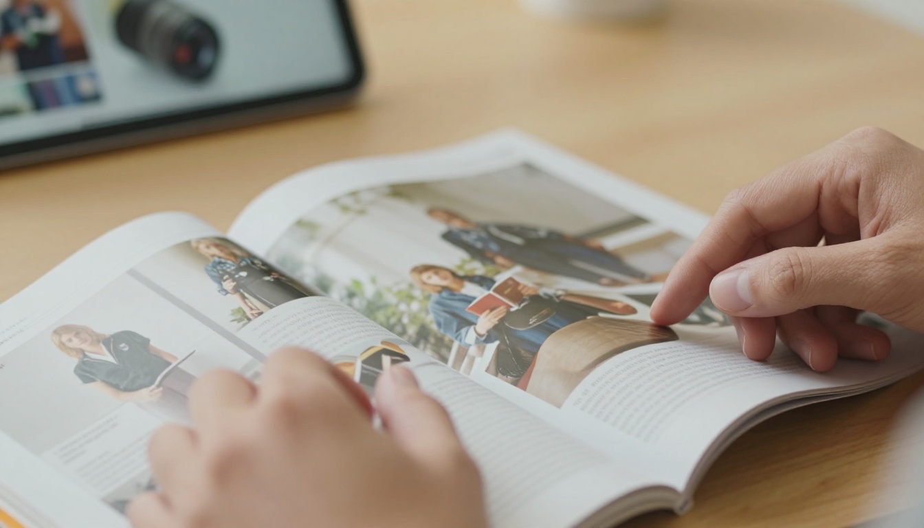 Close-up of hands turning pages of a glossy magazine with digital tablet showing same content in background