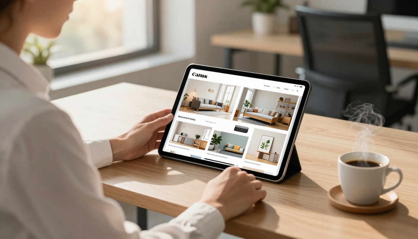 Business professional reviewing an interactive digital product catalog on a tablet Business professional reviewing an interactive digital product catalog on a tablet