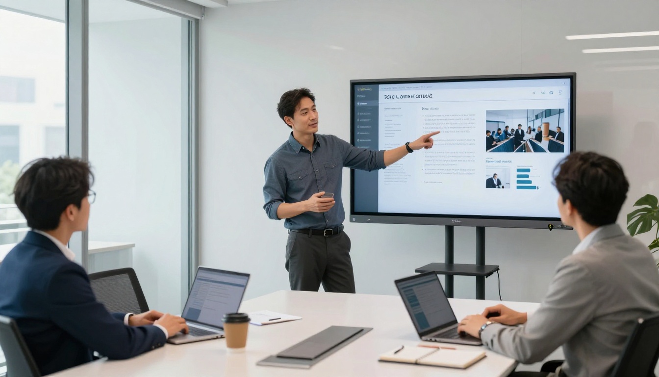 Confident marketer presenting digital flipbook on widescreen monitor to team in bright conference room