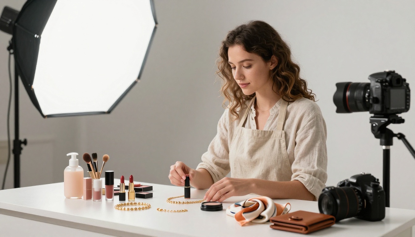 E-commerce owner arranging products for a catalog photoshoot E-commerce owner arranging products for a catalog photoshoot