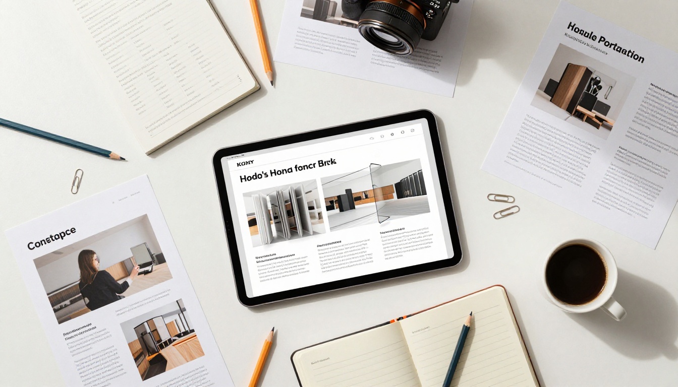 Aerial flat lay of creative designer workspace with brochure mockups, tablet showing flipbook, notebook, and espresso cup