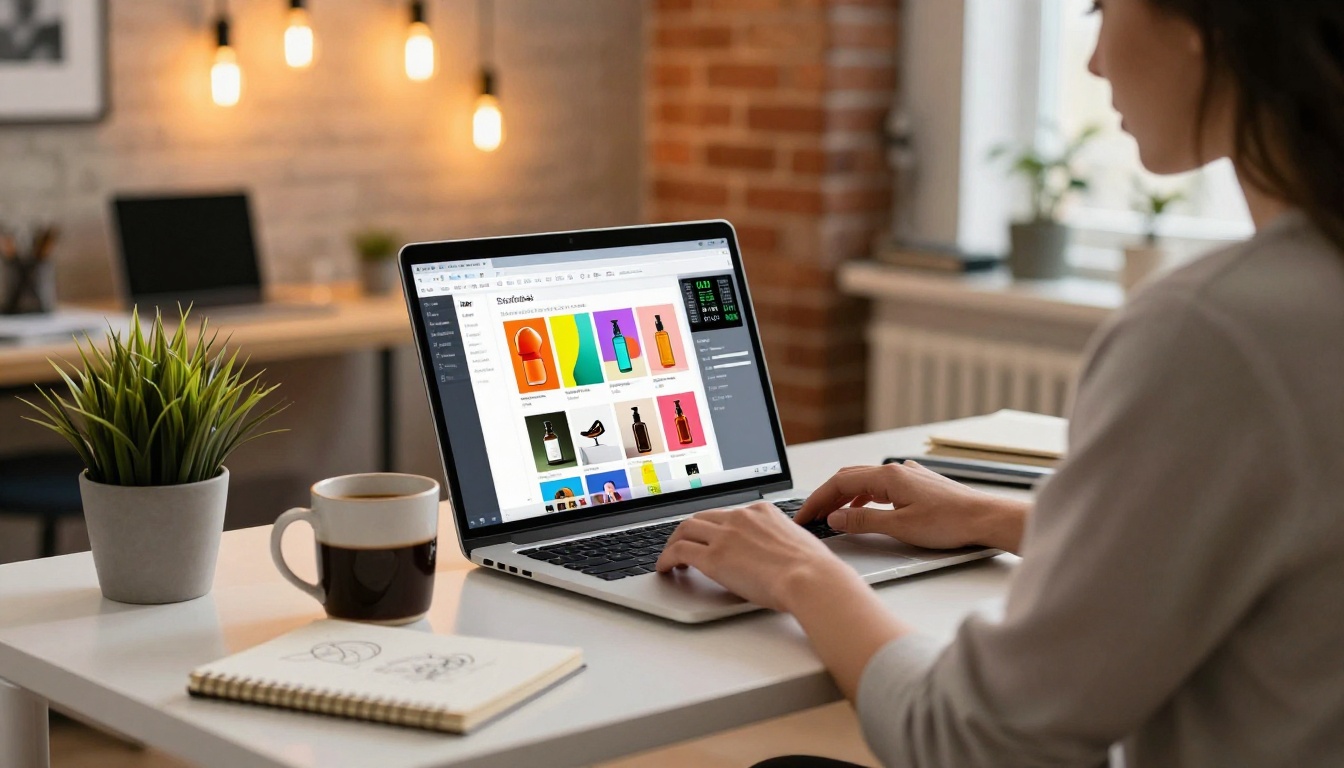 Graphic designer working on a colorful product catalog layout on a laptop Graphic designer working on a colorful product catalog layout on a laptop