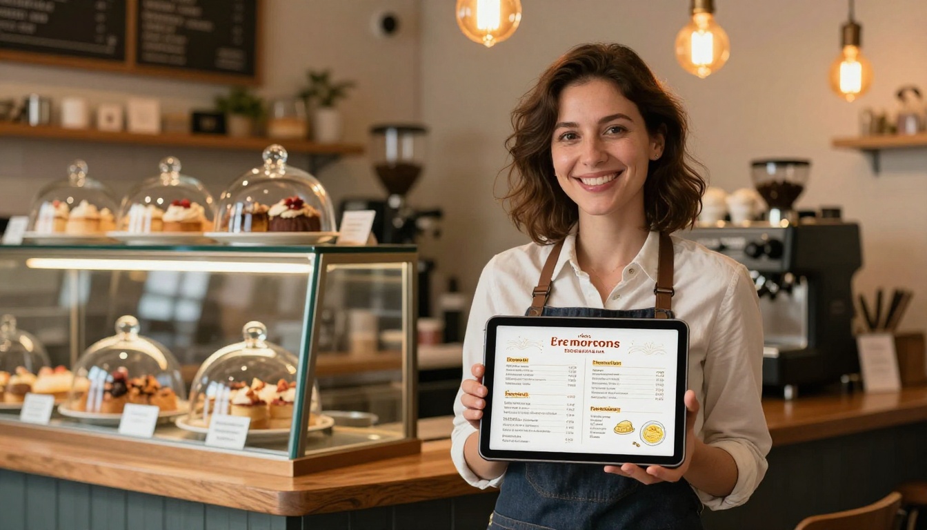 Cheerful small business owner in artisan cafe holding tablet showing digital restaurant menu flipbook