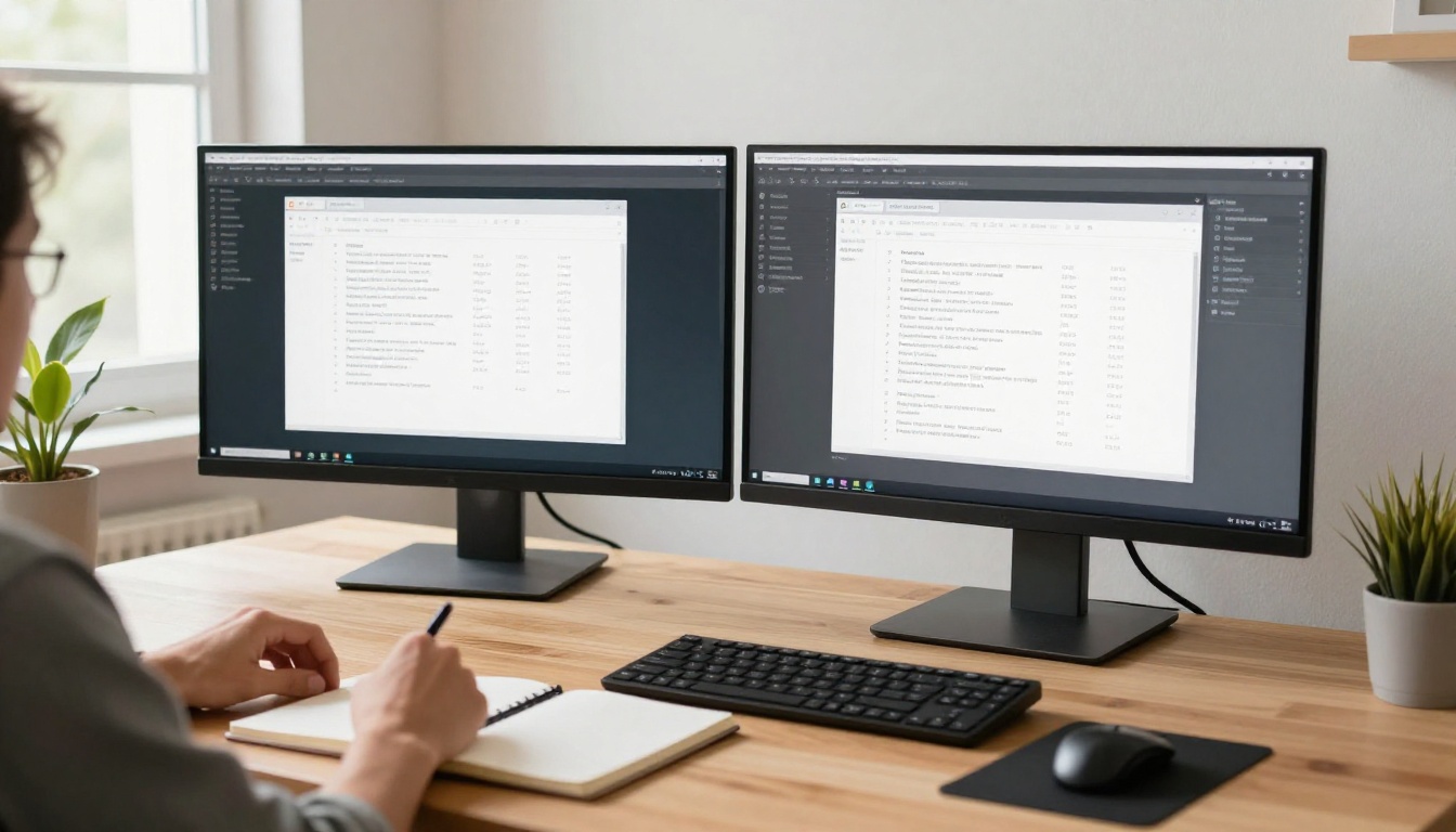 Professional at desk comparing digital flipbook software on dual monitors with natural daylight from window