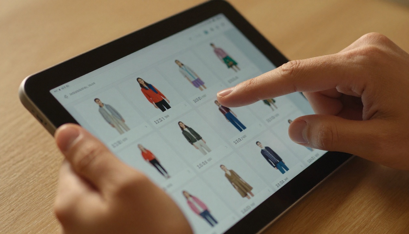 Close-up of hands swiping through a digital catalog page-flip interface on a tablet Close-up of hands swiping through a digital catalog page-flip interface on a tablet