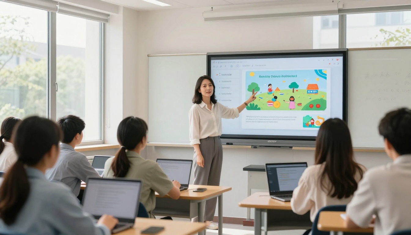 Female teacher at smartboard displaying colorful digital flipbook to students in bright modern classroom