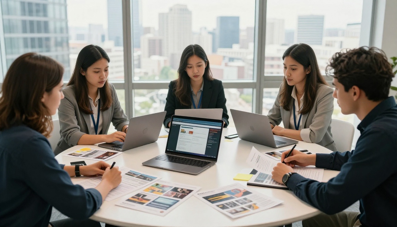Marketing team gathered around a conference table reviewing product catalog drafts Marketing team gathered around a conference table reviewing product catalog drafts