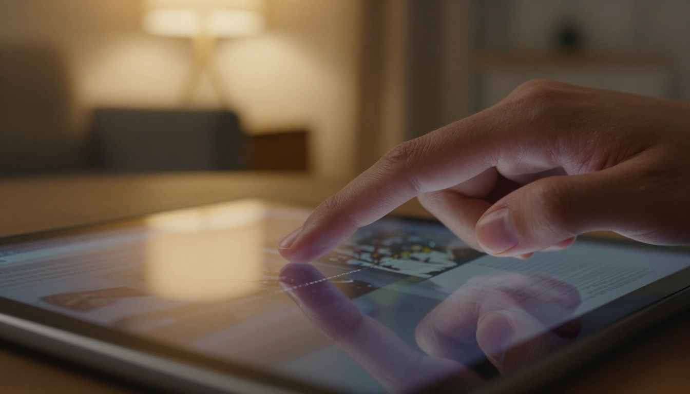 Index finger mid-swipe on tablet screen catching digital magazine page in dramatic flip animation, cozy living room bokeh background