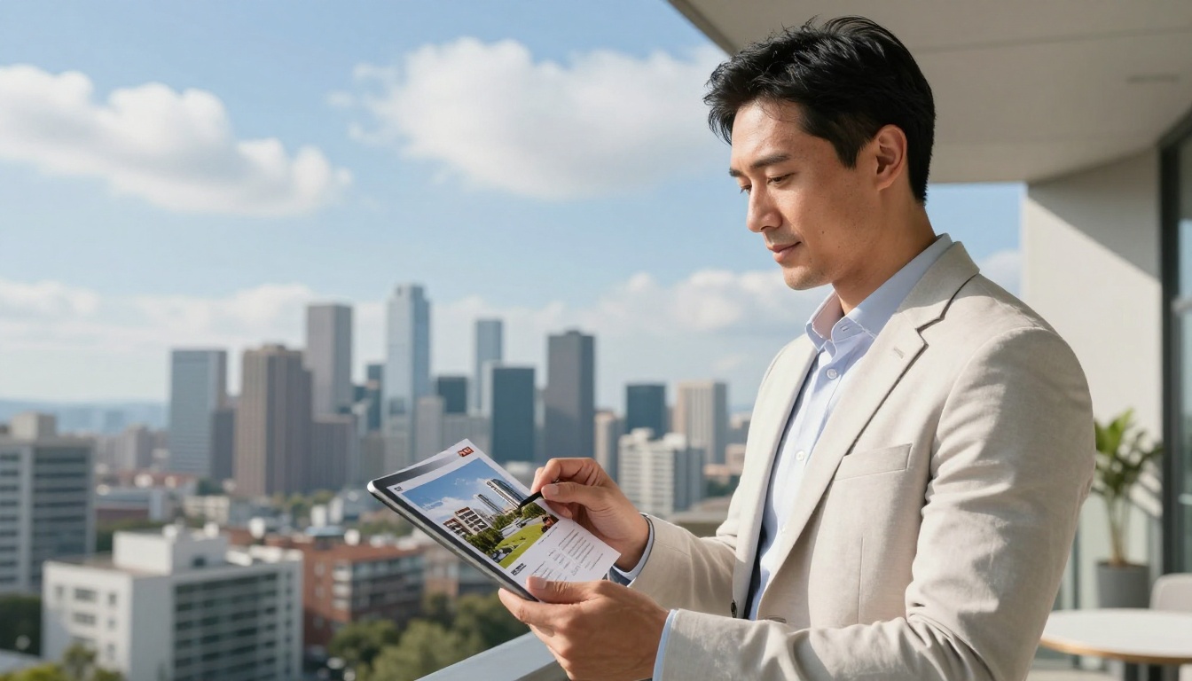 Polished real estate agent on modern apartment building terrace holding tablet displaying property brochure flipbook against city skyline