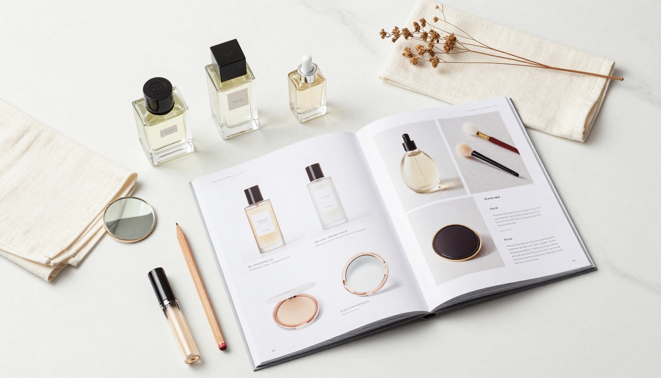 Aerial flat-lay of beauty products and a product catalog arranged on a white marble surface Aerial flat-lay of beauty products and a product catalog arranged on a white marble surface
