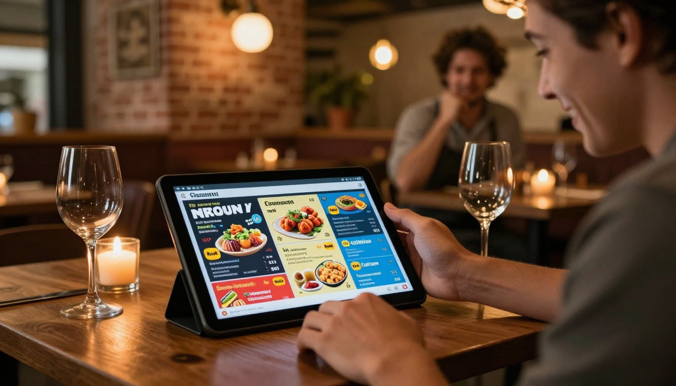 Restaurant owner showing a vibrant digital menu flipbook on a tablet to a seated customer at a cozy bistro