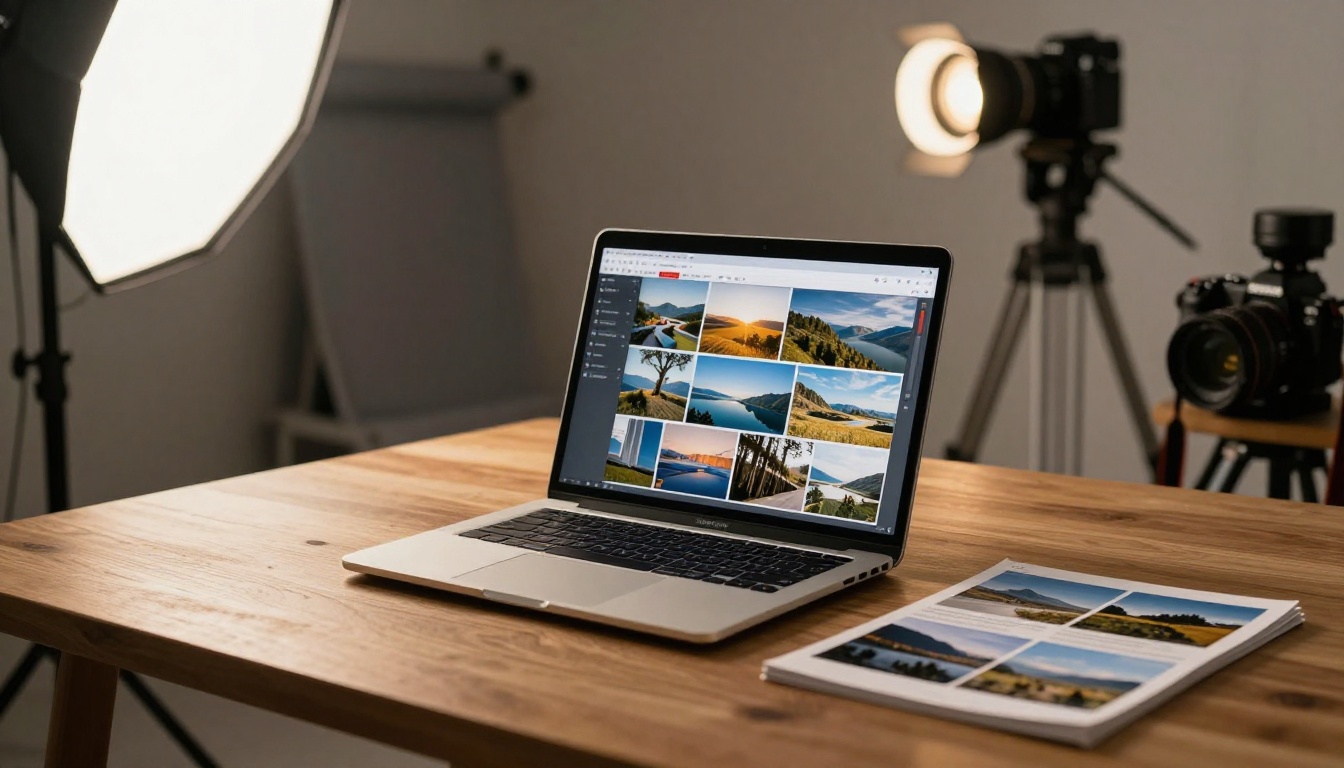 MacBook in photography studio displaying professional photography portfolio as digital flipbook, softboxes and tripod visible in background
