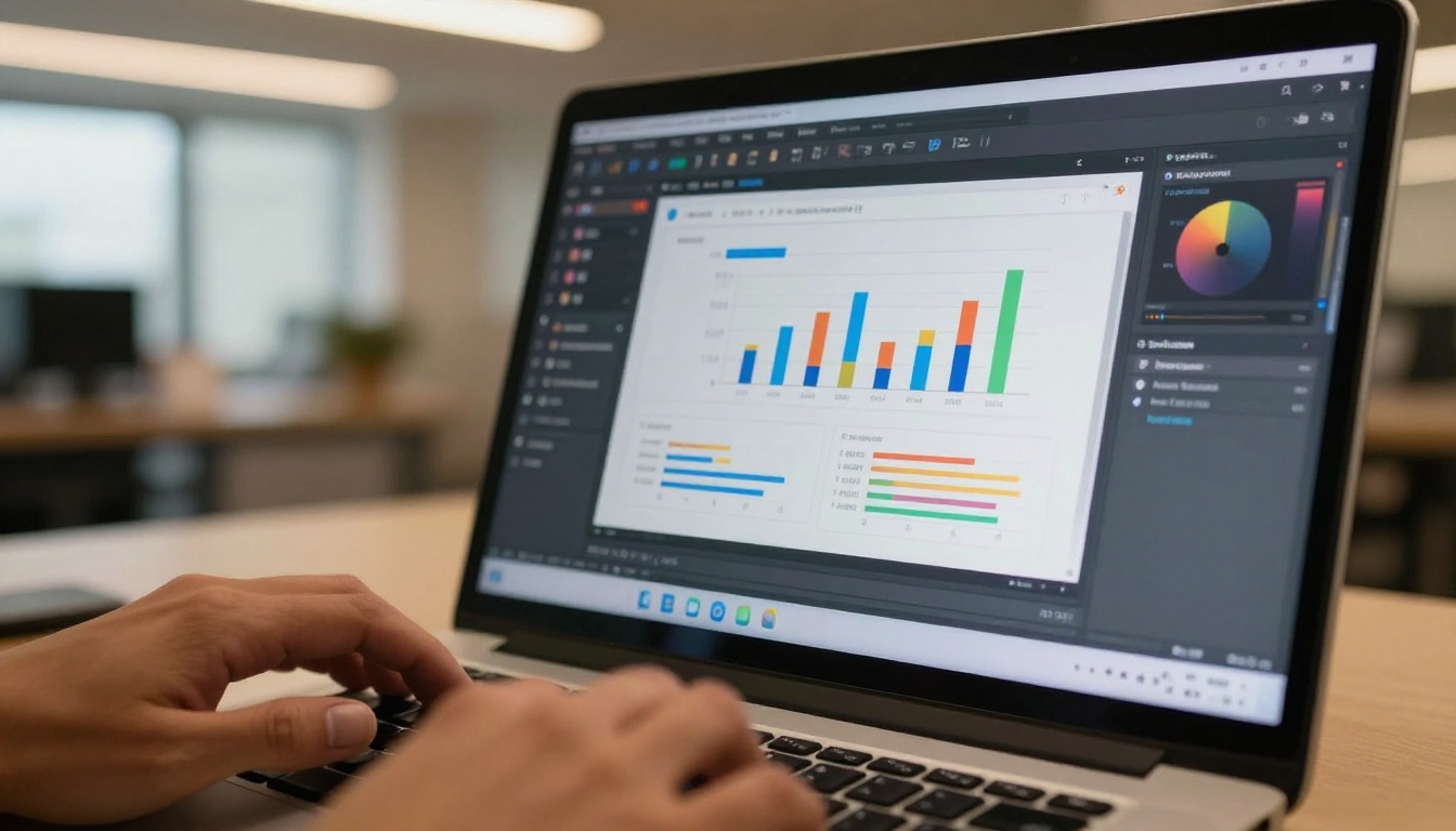 PowerPoint editing interface on laptop with charts and slide panel