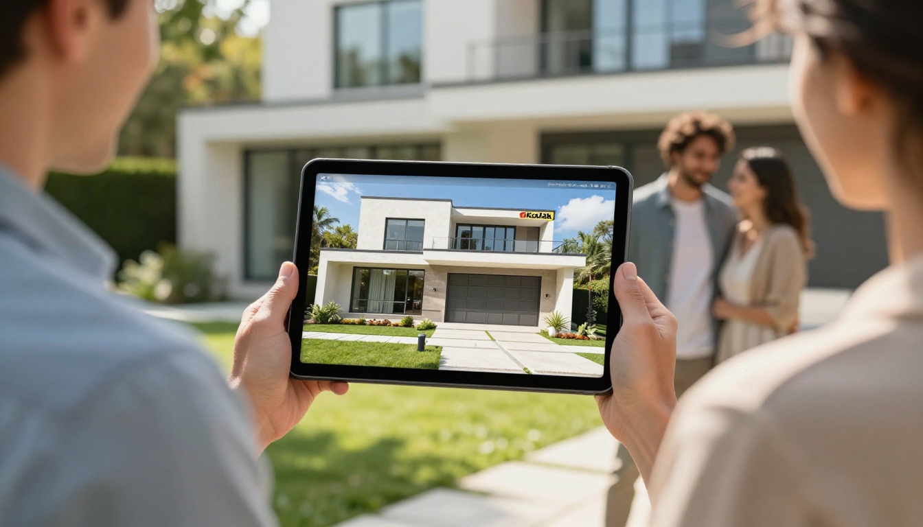 Real estate agent presenting a digital property brochure on a tablet to a smiling couple outside a modern house