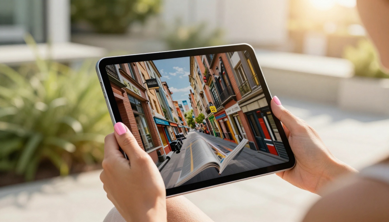 Hands holding tablet showing digital flipbook outdoors