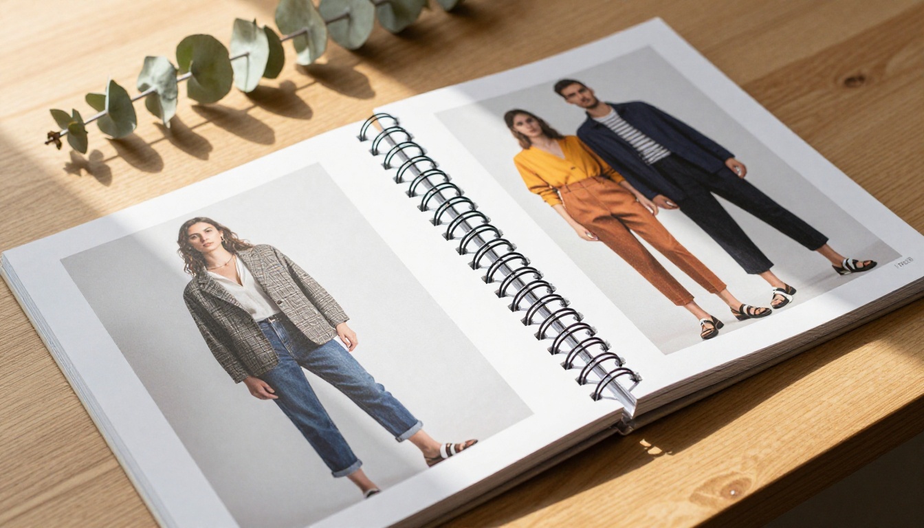 Close-up of a premium fashion product catalog open on a light oak wooden table Close-up of a premium fashion product catalog open on a light oak wooden table