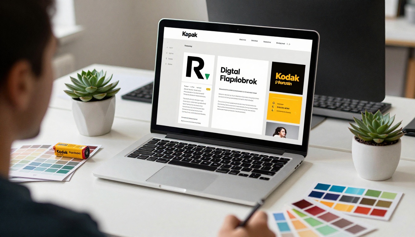Graphic designer customizing flipbook branding and color schemes on an iMac in a well-lit creative studio