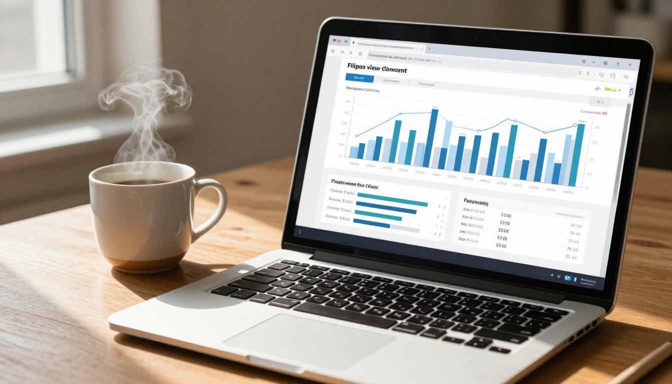 Laptop screen displaying a clean analytics dashboard with flipbook view statistics and reader performance data